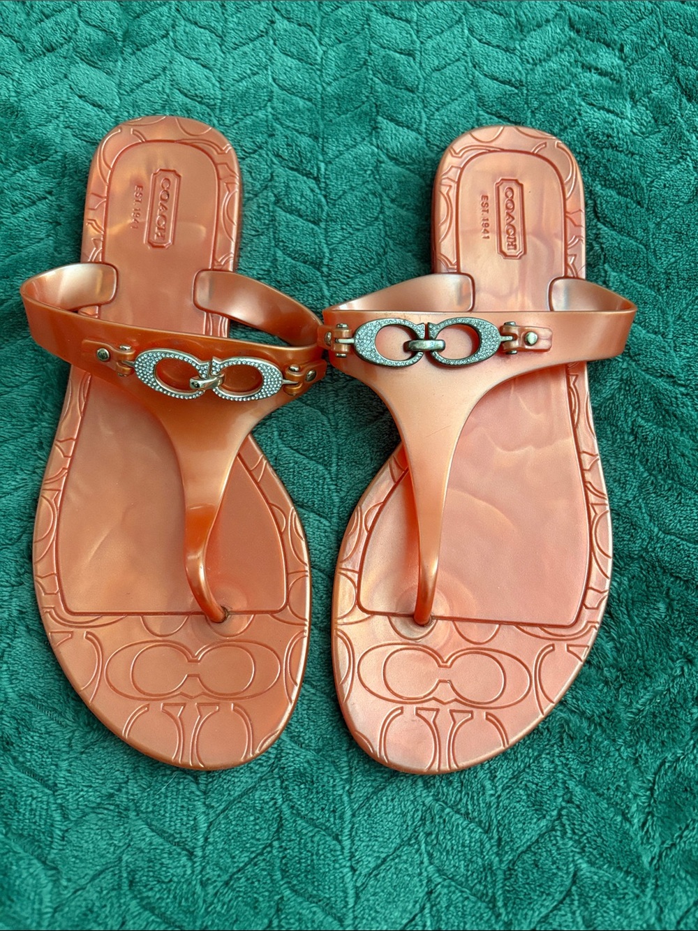 Coach Natalie Jelly Orang Coral Thong Sandals Crystal Logo Size 8B